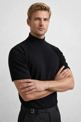 T-Shirt Herren Slim Fit Stehkragen in Schwarz