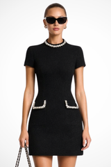 Thea | Damen Perlenbesatz Minikleid in Schwarz