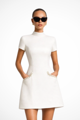 Thea | Damen Perlenbesatz Minikleid in Weiß