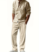 Theron | Herren Stehkragen Zweiteiler Hemd und Hose Set in Khaki