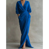 Valeria | Damen Langarm Maxikleid mit V Ausschnitt und Besonderem Schnitt in Blau