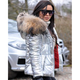 Elisee | Winterjacke mit Kunstfellkapuze und glänzendem Finish in Argent