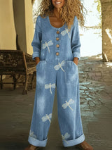 Denim Jumpsuit Damen Casual Libellenmuster in Denim