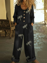 Denim Jumpsuit Damen Casual Libellenmuster in Schwarz