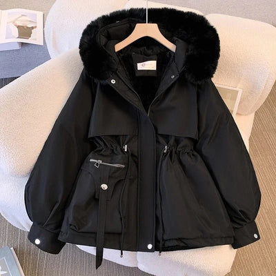 Damen Winterparka mit Kunstfell Kapuze und verstellbarer Taille