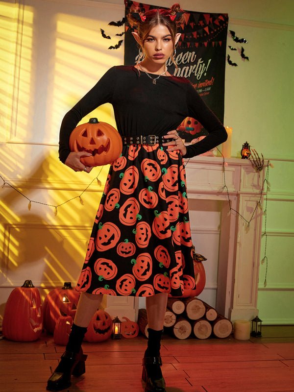 Kürbis Druck Lange Ärmel Halloween Kostum Kleid | Midi